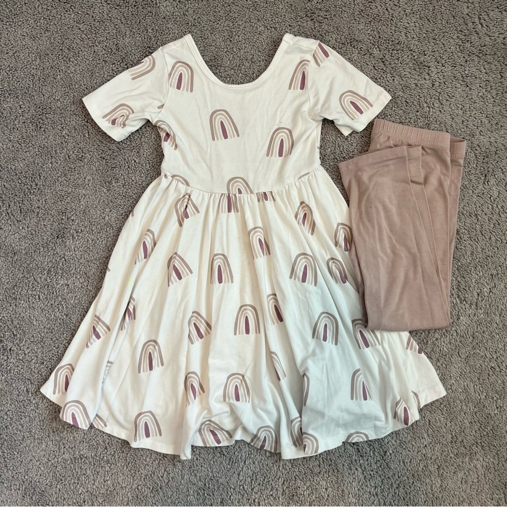 Kyte BABY Cream/Neutral rainbow twirl dress + leggings